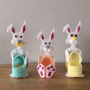 Vintage set of 3 handcrafted Plastic Canvas Easter Small Bunny Baskets